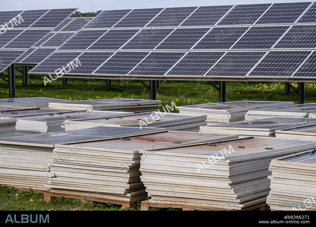 Sa Caseta Parc Fotovoltaic, broken solar energy plates, Llucmajor, Mallorca, Balearic Islands, Spain.