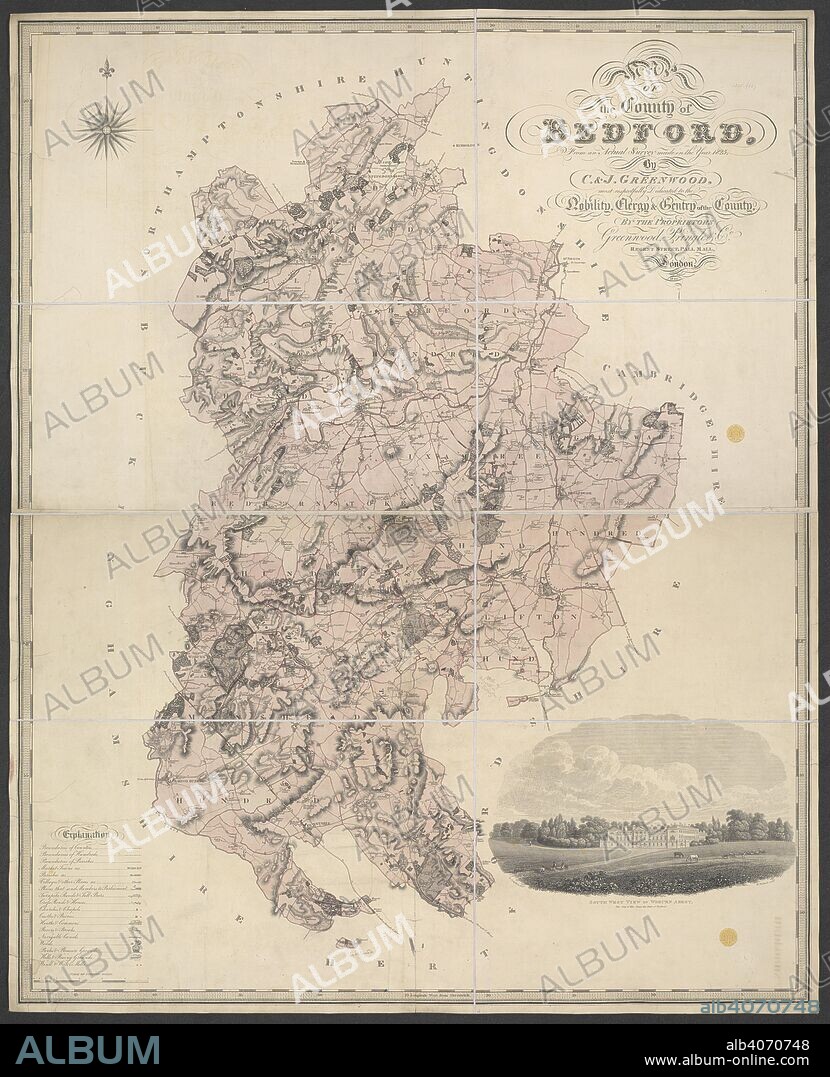 A map of the county of Bedford. Map of the County of Bedford, from an actual survey made in the year 1825, by C. & J. Greenwood, etc. Scale of statute miles, 5[ = 95 mm.-1 inch= 1 mile] (South West view of Woburn Abbey. R. Creighton, delt. W. Woolnoth sculpt). London : Greenwood, Pringle & Co, May, I 1826. Source: Maps 1335.(22.). Language: English.