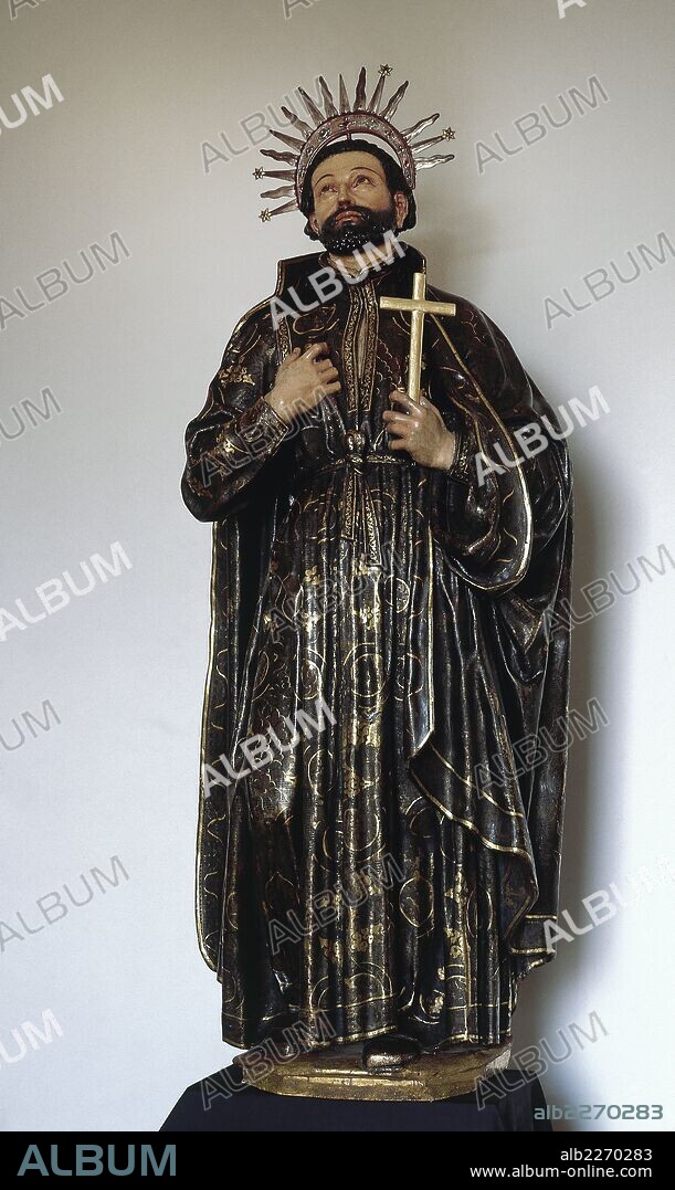 SAN FRANCISCO JAVIER (Javier,1506-Shangchuan, 1552). Religioso español. Fundador de las misiones asiáticas de los jesuitas, organizador eclesiástico de la India y patrono de las misiones. Escultura existente en la Catedral de Pamplona. Navarra.