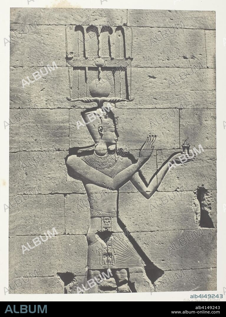 Kalabscheh, Sculptures De La Façade Postérieure Du Temple; Nubie. Maxime Du Camp; French, 1822-1894. Date: 1849-1851. Dimensions: 21.6 × 15.9 cm (image/paper); 43.1 × 29.9 cm (album page). Salted paper print, plate 91 from the album "Egypte, Nubie, Palestine et Syrie" (1852). Origin: France.