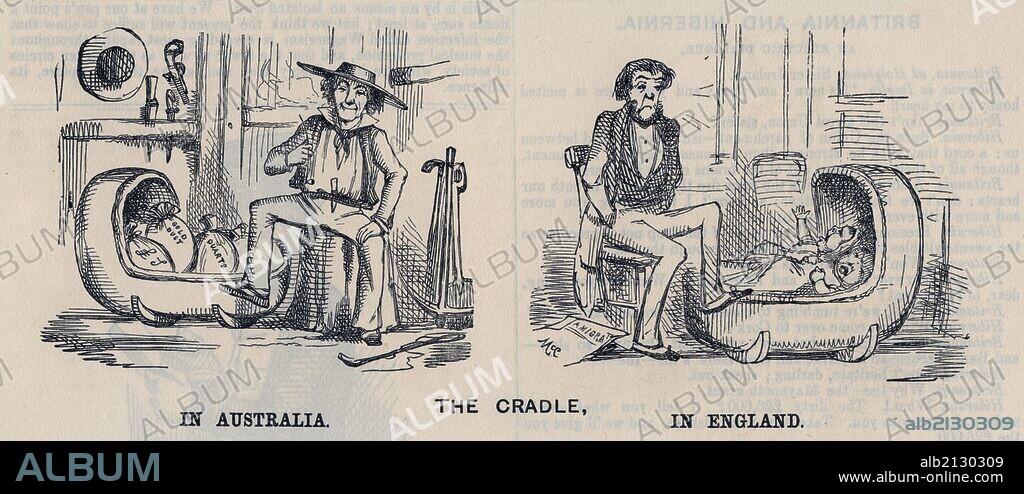 Australian Gold Rush, 1852: Cradling in Australia and in England. Cartoon from ''Punch''. (Photo by: Universal History Archive/UIG via Getty Images).
