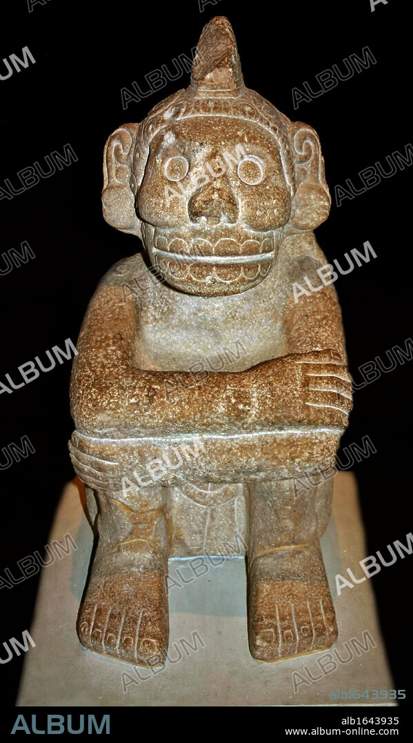 Stone seated figure of Xochipilli, AD 1325-1521 from Mexico. Aztec Xochipilli was the Mexica god of music and dance. His name in Nahuatl, the language spoken by the Mexica, means 'Flower Prince'. He was also called Macuilxochitl. Music and dance played an important role in Mexica religious and public ceremonies.
