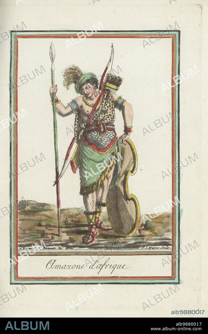 Costume of an African Amazon warror, lived near the Kingdom of D'mt in Ethiopia. In plumed turban, animal-skin cloak, scale breastplate, skirt and boots, armed with spear, bow, quiver of arrows and shield. Amazone d'Afrique. Handcoloured copperplate engraving by J. Laroque after a design by Jacques Grasset de Saint-Sauveur from his Encyclopedie des voyages, Encyclopedia of Voyages, Bordeaux, France, 1792.