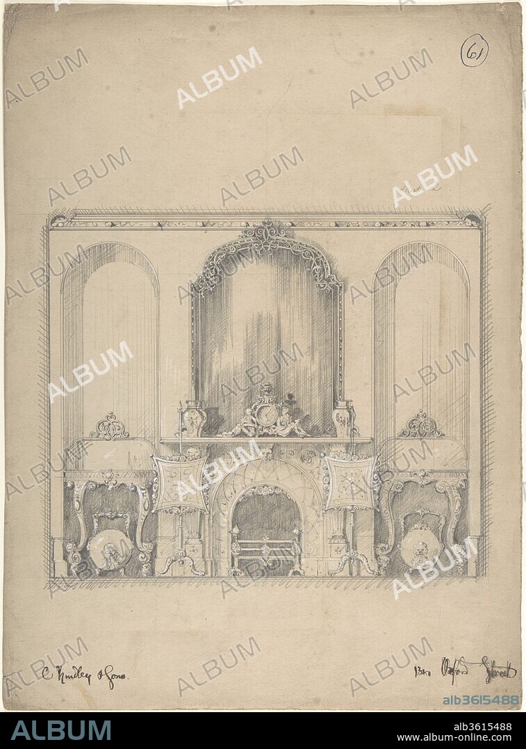 Design for a Wall with a Fireplace and Side Tables. Artist: Charles Hindley and Sons (British, London 1841-1917 London). Dimensions: sheet: 14 1/2 x 10 3/4 in. (36.9 x 27.3 cm). Date: 1841-84.