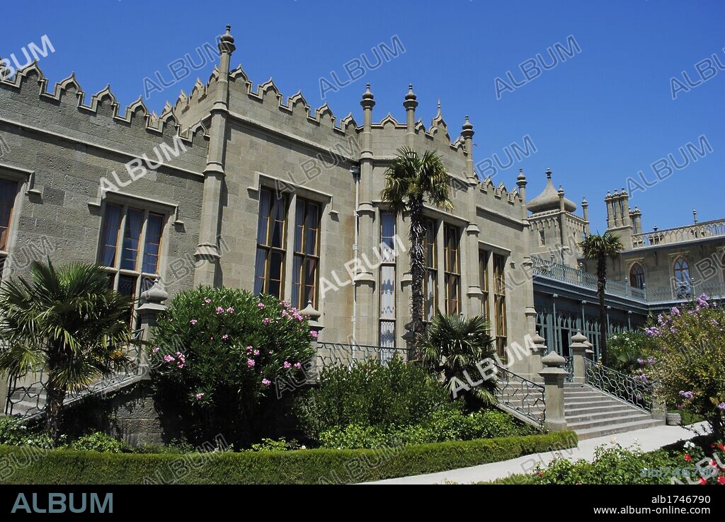 Ukraine. Autonomous Republic of Crimea. Vorontsov Palace. Built in 1828 through 1848 by the English architect Edward Blore (1787-1879) as a summer residence of Prince Mikhail Semyonovich Vorontsov. Facade. Around Alupka.