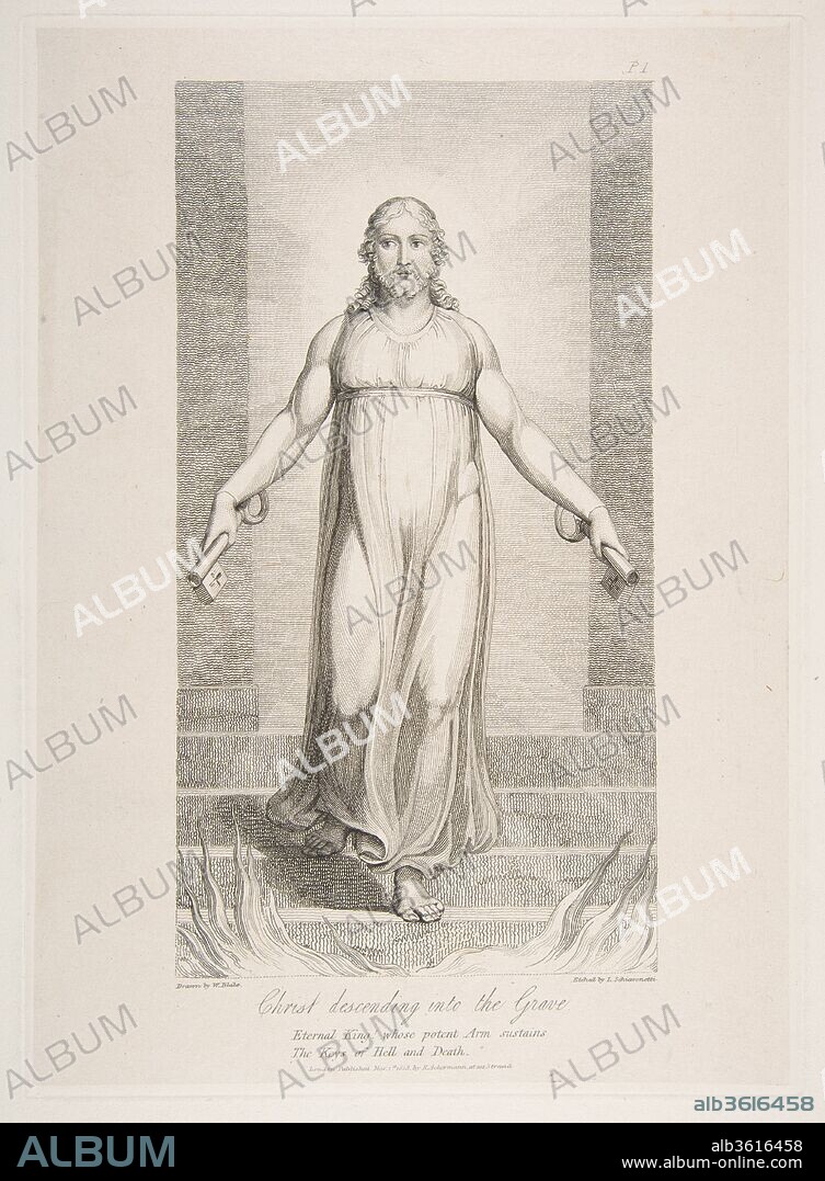 Christ Descending into the Grave, from The Grave, a Poem by Robert Blair. Artist: Luigi Schiavonetti (Italian, Bassano del Grappa 1765-1810 London); After William Blake (British, London 1757-1827 London). Dimensions: plate: 9 x 4 7/8 in. (22.9 x 12.4 cm)
sheet: 10 3/4 x 7 11/16 in. (27.3 x 19.5 cm). Publisher: Rudolph Ackermann, London (active 1794-1829). Date: March 1, 1813.
