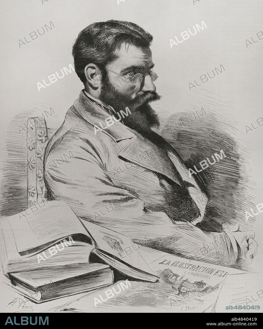 ALFREDO PEREA (1839-1895). SPANISH ARTIST.. Francisco Pradilla y Ortiz (1848-1921). Pintor español. Director del Museo del Prado (1897-1898). Retrato. Dibujo del natural por A. Perea. Grabado. La Ilustración Española y Americana, 1878.
