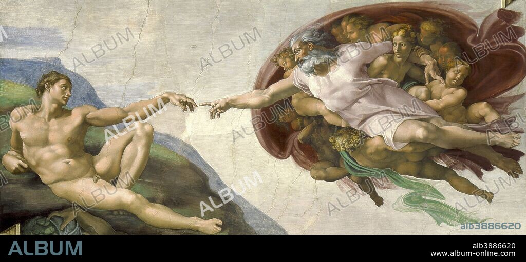 Vintage masterpiece painting of The Creation of Adam. Painted by Michelangelo on the ceiling of the Sistine Chapel, circa 1511–1512.