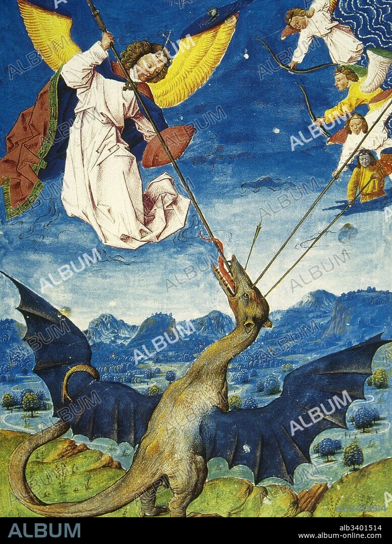 "El Arcángel Miguel luchando contra el Dragón". Ilustración del Liber Floridus (Libro de las Flores). Enciclopedia medieval realizada entre 1090-1120 por Lambert de St-Bertin, cronista francés Benedictino y canónigo de Saint-Omer. Manuscrito de 1460 conservado en el Museo Condé. Castillo de Chantilly. Francia.