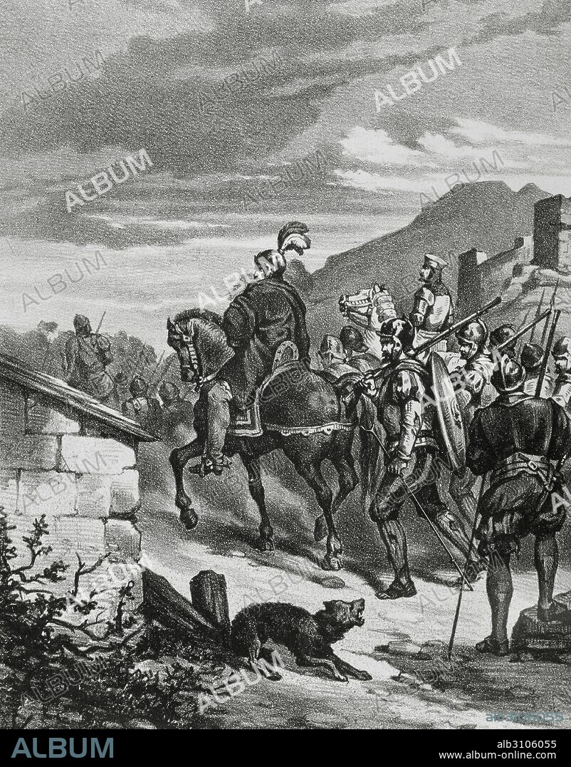 Spanish conquest of the Inca Empire (1532-1572). Expedition of Francisco Pizarro (1478-1541) into Peru during his third voyage to the Americas, 1531-1532. Engraving, 1875.