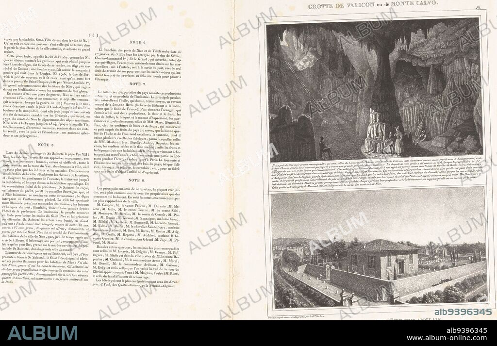 Inside the cave there are four figures, one of them an artist, Inside the cave of Ratapignata in the Pyramid of Falicon View of the English cemetery on the colline de Caucade in Nice Grotte de Falicon ou de Monte Calvo Temple et cimetiere des Anglais Souvenir de la ville de Nice maritime et de ses environs , print maker: Paul-Émile Barberi, (mentioned on object), intermediary draughtsman: Paul-Émile Barberi, (mentioned on object), printer: François Jean Villain, (mentioned on object), printer: Paris, publisher: Nice, 1834, paper, letterpress printing, h 373 mm × w 285 mm × h 373 mm.