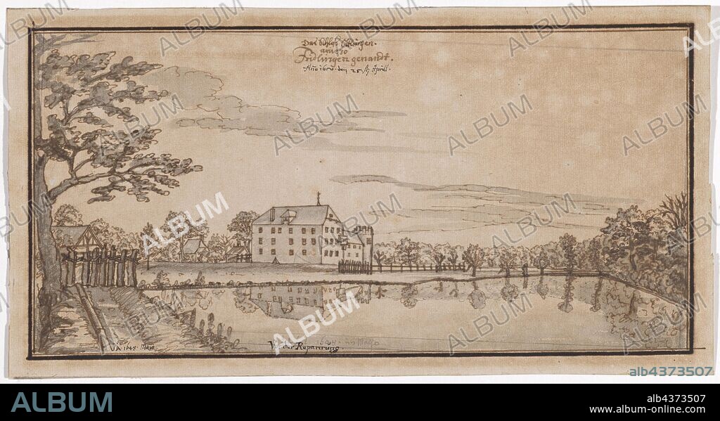 View of the moated castle Öttlingen, also called Friedlingen, 1649, feather in brown, light blue watercolored, leaf: 15.7 x 29.9 cm, O. M. with pen in brown inscribed: the castle Ottlingen., anjezo [?], Fridlingen, including pen in black: Ano 1650. the 25th Aprill ., u, ., l, ., monogrammed and dated in black with pen: J. JA., [YES]. 1649 Maio, u, ., M. marked with pen in black: Before the repair ., including monogrammed and dated in gray with feather [faded]: J A 1648. in Maijo, Johann Jakob Arhardt, Durlach 1613–1674 Strassburg.