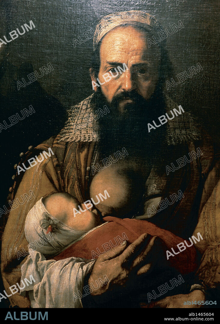 JUSEPE DE RIBERA. Jusepe Ribera (1591-1652). Spanish painter. The Bearded Woman Nursing (Magdalena Ventura with her Husband and Son). Detail. 1631. Oil on canvas. Hospital de Tavera, Toledo, Spain.