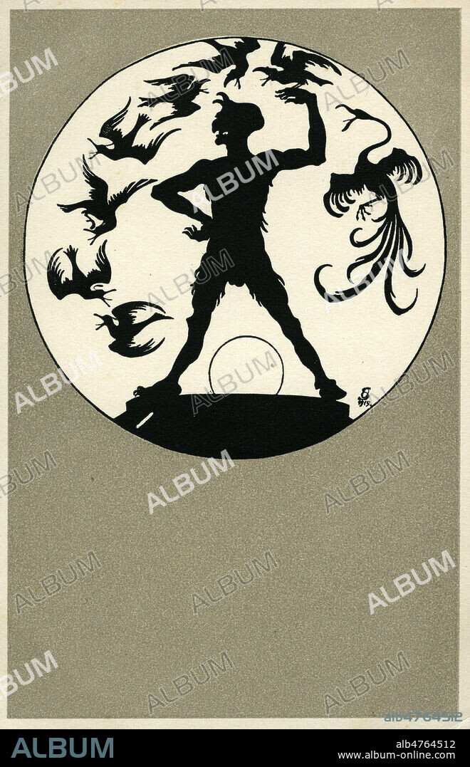 HERR URIAN - Serie de Cartes postales , motifs sorcieres , Sabbat, en ombres chinoises. Illustration OTTO STIEFFEL , 'Walpurgisnacht' la Nuit de Walpurgis . serie de 12. Edite a partir d'un ouvrage porte folio de gravures par Edm v. Konig's Kuntsverlag, Heidelberg, Allemagne vers 1920. Collection IM/KHARBINE TAPABOR.