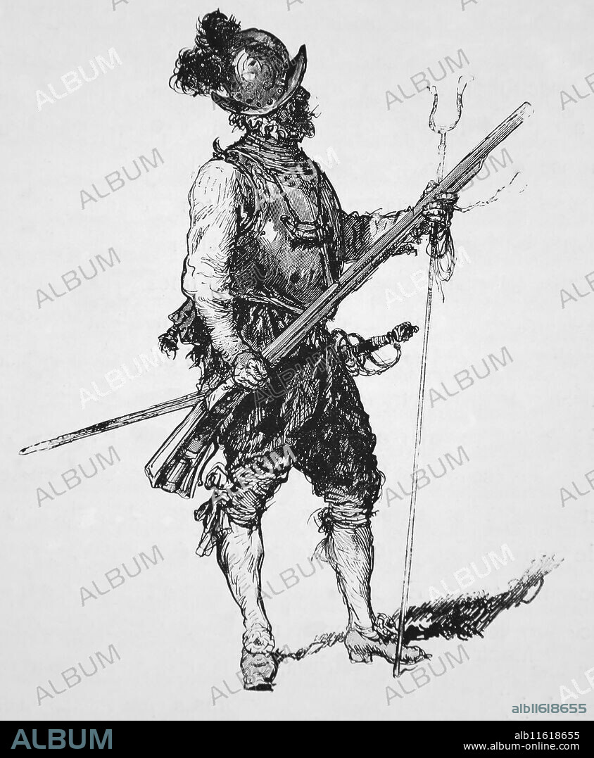 Arquebusier holding a arquebus. 15th century. Engraving of Germania, 1882.