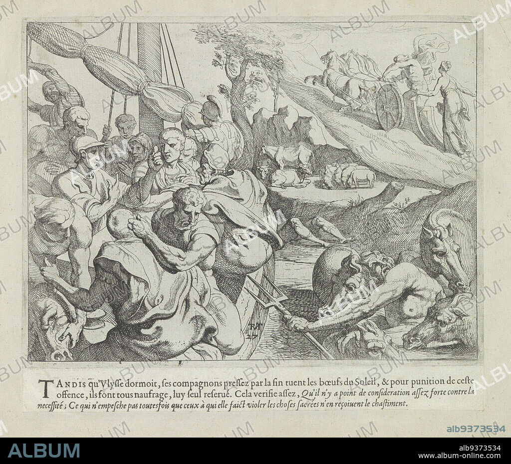 Cattle of Helios, Les Travaux d'Ulysse (series title), The Works of Ulysses (series title), The hungry companions of Ulysses slaughter on board one of the cattle of the sun god Helios. In the background the cattle and Helios in his chariot. In the foreground, Neptune threatens the ship. The print is part of an album., print maker: Theodoor van Thulden (mentioned on object), intermediary draughtsman: Theodoor van Thulden, Paris, 1633, paper, etching, engraving, letterpress printing, height 217 mm × width 253 mm.