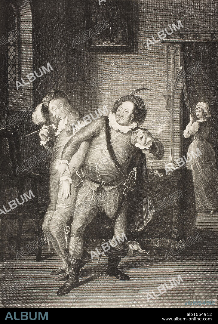 Twelfth Night, or, What You Will. Act II. Scene III. Olivia´s House. Sir Toby Belch, Sir Andrew Aguecheek and Maria. From The Boydell Shakespeare Gallery published late 19th century. After a painting by William Hamilton.