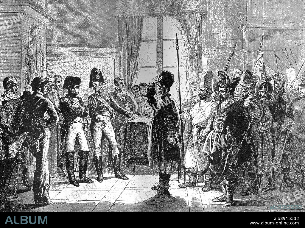 Tsar Alexander I presenting Russian troops to Napoleon, 8th July 1807 (1882-1884). Alexander presents Cossacks, Bashkirs and Kalmuks of the Russian Army. The two emperors met at Tilsit to sign a peace treaty and form an alliance. A print from La France et les Français à Travers les Siècles, Volume IV, F Roy editor, A Challamel, Saint-Antoine, 1882-1884.
