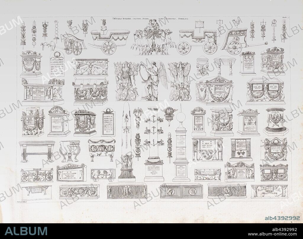 Roman details, columns, posts, floats, signs, tombs, Roman Architecture, Columns, Chariots, Tombs, Date Appreciated, Signed: Gravé par Baltard, Pl. 76, p. 161, Baltard (gravé), Jean-Nicolas-Louis Durand: Recueil et parallèle des édifices de tout genre, anciens et modernes, remarquables par leur beauté, par leur grandeur ou par leur singularité, et dessinés sur une même échelle. Paris: chez l'auteur, 1801.