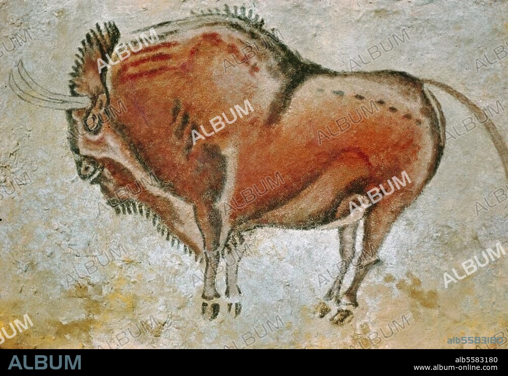 ANONYM. Altamira bei Santillana (Prov. Santander, Spanien). Höhle von Altamira. Wisent. Höhlenmalerei, altsteinzeitlich (Solutreen oder altes kantabrisches Magdalenien), zwischen 21 000 und 13 000 v. Chr. Braun, Schwarz und Ockerrot auf Kalkstein.