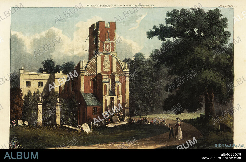 Bunney Hall or Bunny Hall, Nottinghamshire, the residence of Lord Rancliffe, 1825. Renovated Elizabethan redbrick house with tower. Handcoloured copperplate engraving after an illustration by F.W.L. Stockdale from Rudolph Ackermanns Repository of Arts, London, 1825.