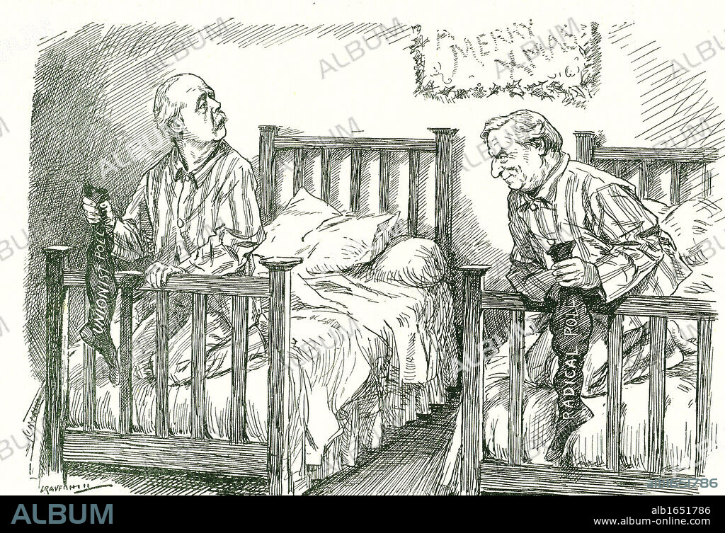 Arthur Balfour, Conservative, and Herbert Asquith, Liberal, with their Christmas stockings. In the General Election of December 1910 neither had an overall majority. Asquith was able to form a government in coalition with the Irish National Party. Leonard Raven-Hill cartoon from 'Punch', London, 21 December 1910.