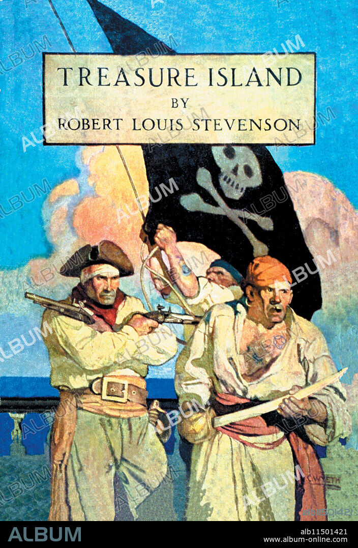 N. C. WYETH. Treasure Island is an adventure novel by Scottish author Robert Louis Stevenson, narrating a tale of "buccaneers and buried gold". First published as a book on 14 November 1883 by Cassell & Co.  This edition was published by Charles Scribner's Sons, 1911, and the cover art by N.C. Wyeth.  Newell Convers Wyeth (October 22, 1882 – October 19, 1945), was an American artist and illustrator and a student of Howard Pyle.  He illustrated 112 books and did over 3000 paintings.