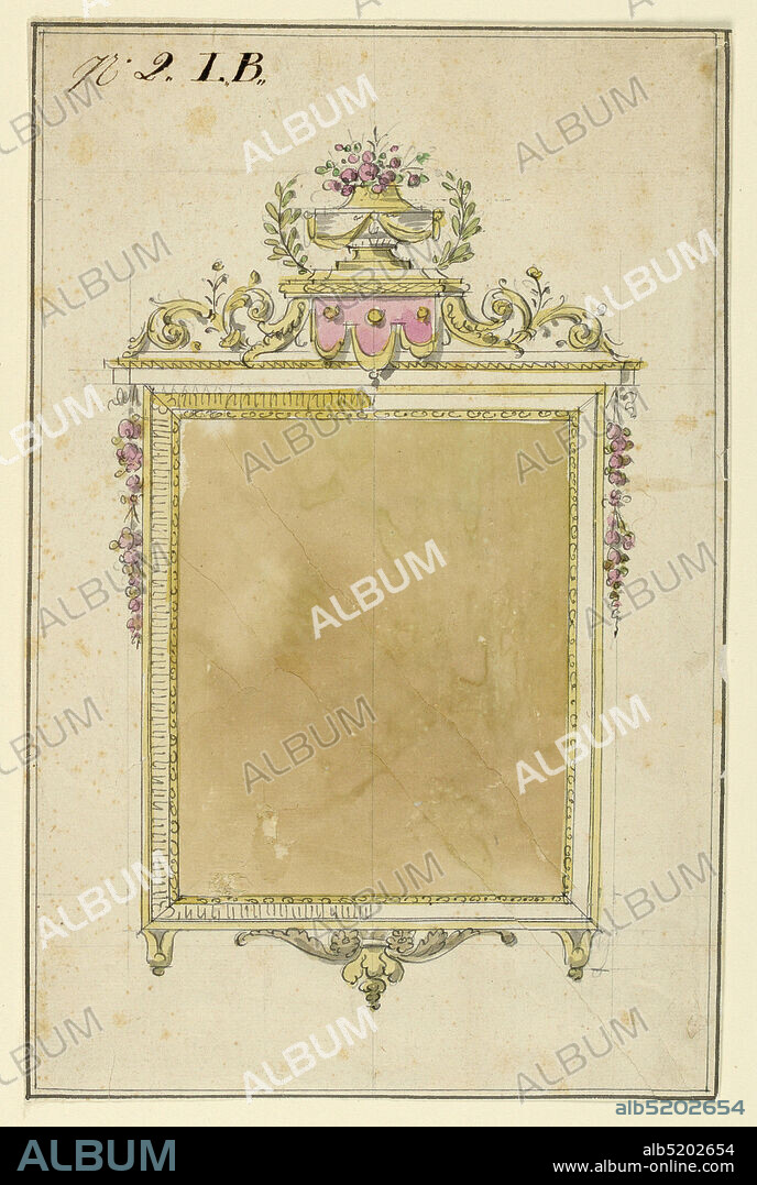 Design for a Mirror Frame, Pen and ink, brush and watercolor, graphite on paper, Square mirror frame with creating composed of an urn with flowers on a platform from which hangs a lambrequin, flanked by arabesques. Flower swags at sides, outside dentilled frame., France, 1775, Drawing, Drawing.