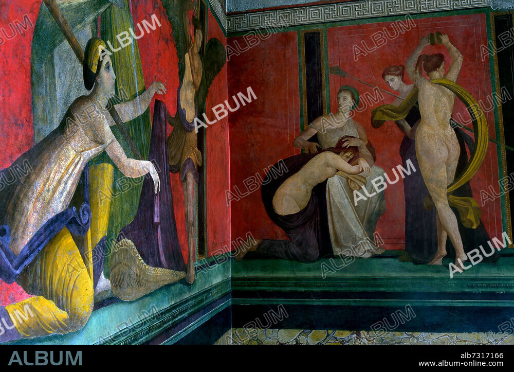Fresco (after restoration) depicting the initiation rites of the cult of Dionysus in the 'Villa of the Mysteries' in the ancient Roman city of Pompeii, Italy (2015). The Villa is named after the hall of mysteries located in the residential part of the building. The fresco adorning the walls dates from the first century BC and is one of the most famous of all ancient art. The frieze depicting the rite is 17 metres long and 3 metres high. The building's paintings, which feature life-sized figures, are thought to depict the initiation rites of the cult of Dionysus. A large continuous fresco that covers three walls, one of the most preserved ancient paintings, depicts a mysterious rite, that is reserved for the devotees of the cult. The scene is linked with Dionysus, who appears on the central wall with his wife Ariadne.
An eruption of Mount Vesuvius in AD 79 buried Pompeii under volcanic ash and rock. Pompeii is one of the UNESCO World Heritage Sites in Italy.