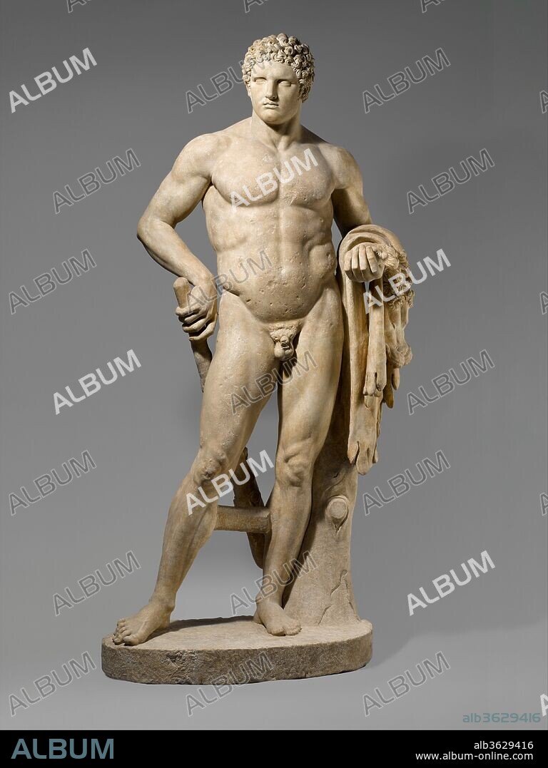 Marble statue of a youthful Hercules. Culture: Roman. Dimensions: H. 97 3/16 in. (246.9 cm). Date: A.D. 69-96.
Restorations made during the early 17th century: head and neck, right arm below the shoulder, left arm and shoulder, right leg below the knee, left leg, tree trunk, club, plinth.
This statue was part of the collection of antiquities acquired in Rome by the Marchese Vincenzo Giustiniani during the first third of the seventeenth century. It must have been made as one of a pair with the over-life-sized statue of a bearded Hercules displayed across the courtyard. Both may have been excavated in the remains of public baths originally constructed under the emperor Nero in A.D. 62, which were located in the vicinity of the Pantheon.