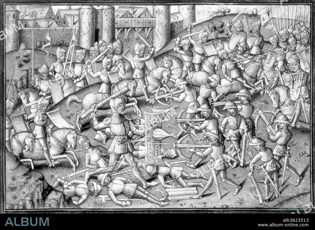 Roland (died 778) was a Frankish military leader under Charlemagne who became one of the principal figures in the literary cycle known as the Matter of France. Roland was military governor of the Breton March, with responsibility for defending the frontier of Francia against the Bretons. Roland is considered the epitome of the perfect knight. Strong, courageous, and honorable he is loved by his king, Charlemagne, and worshipped by his men. He has only one enemy, his stepfather, Ganelon. When given the chance Ganelon betrays his king, his country and his people to take revenge on Roland. Roland is ambushed. The French fight a magnificent battle, but they are outnumbered and the tide turns against them. Roland blows his horn so that Charlemagne will know what happened to them. He is struck in the head and dies. Charlemagne grieves deeply at the death of his men, particularly Roland. The Saracens, under Baligant the Emir of Babylon meet Charlemagne's forces in battle. The battle is fought fiercely on both sides but Charlemagnes forces prevail and the Saracens flee. Soon after the battle, the Franks dedeuce Ganelon's treachery and he is brought back to Aix in chains for trial. Found guilty in a trial by combat, Ganelon is subjected to a painful death as a traitor. Illustration from unknown manuscript.