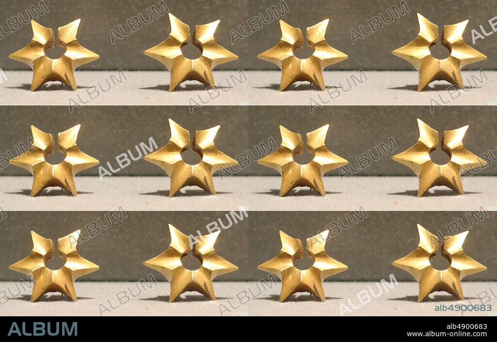 Pair of Ear Clips in the Shape of a Starfruit, Indonesia (Java), Central Javanese period, Date 8thearly 10th century, Indonesia (Java), Gold, a): Diam. 5/16 in. (0.8 cm), b): Diam. 5/16 in. (0.8 cm), Jewelry.