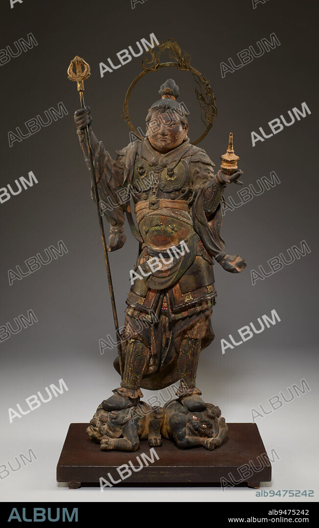 Bishamonten, the Guardian of the North, late 13th century, Circle of Higo Busshi Jkei, Japanese, 1184 - after 1256, 18 13/16 × 9 × 6 9/16 in. (47.78 × 22.86 × 16.67 cm), Japanese cypress wood with polychrome, cut gold-leaf, and inlaid crystal; metal, Japan, 13th century, In Hindu mythology, each of the four directions is protected by a specific god. These four gods were incorporated into Buddhism as guardian kings at an early period and came to be known in Sanskrit as Lokapalas, or Shitenn in Japanese. This sculpture of a warrior represents Bishamonten, the Guardian of the North. The north was believed to be the most dangerous of the cardinal directions and so its protector, Bishamonten, is the strongest of the four guardian kings. Here, wearing heavy armor and carrying a lance and miniature stupa, Bishamonten stands atop two demons, representing threats from the North that he has overpowered.