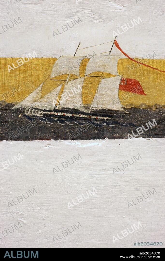 Sant Miquel de Balansat,iglesia(ss.XIV-XVI).Fresco del barco del corsario Antonio Riquer(s.XVIII).Ibiza.Islas Pitiusas.Baleares.España.
