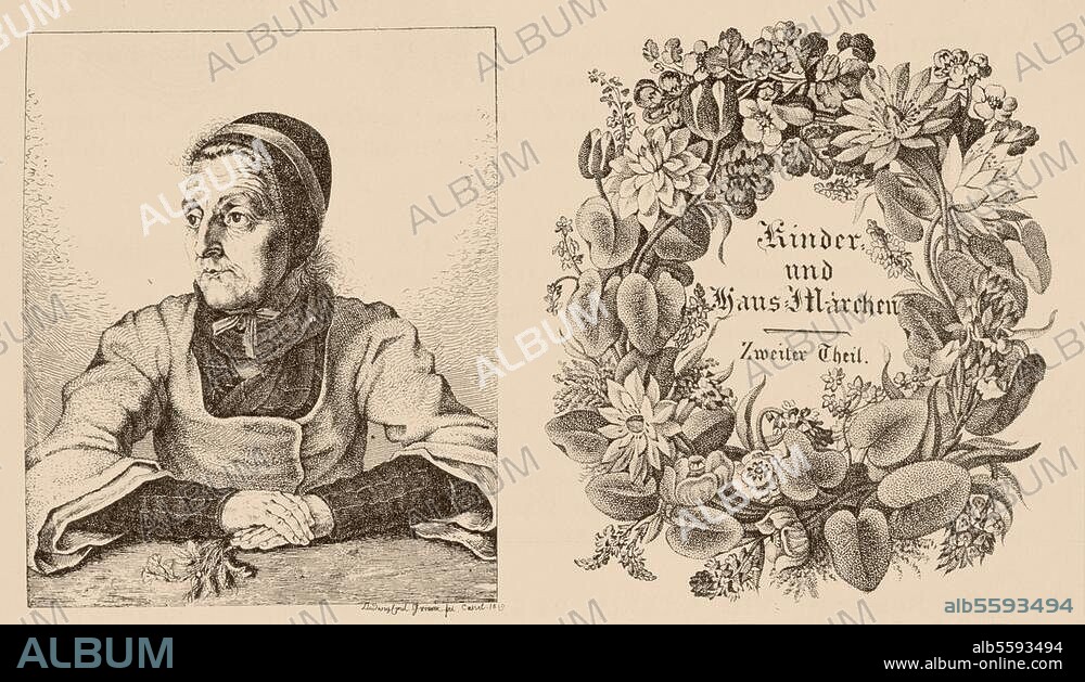 Grimm, Jacob, Germanist, 1785-18631, and Wilhelm, Germanist, 1786-1859. Works: Kinder- und Haus-Märchen. Collected by the Brothers Grimm. Title page and Frontispiece of 2nd ed. 2nd part, Berlin (Reimer) 1819-22. With portrait of Dorothea Viemann (1816). Etching, 1819, by Ludwig Emil Grimm. (1790-1863).