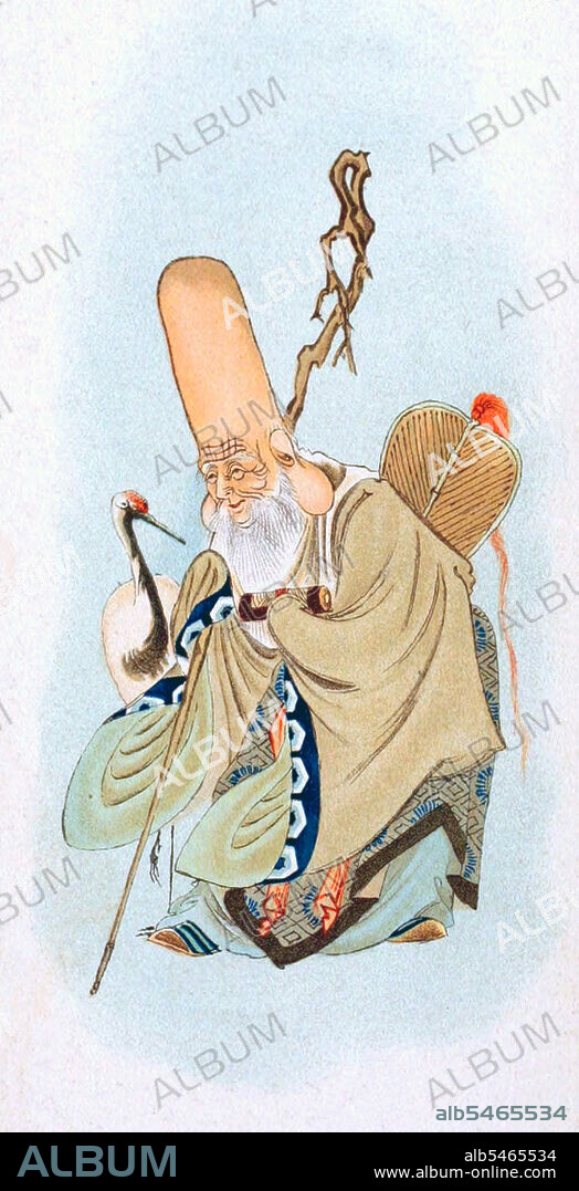 In Japan, Fukurokuju (from Japanese fuku, 'happiness'; roku, 'wealth'; and ju, 'longevity') is one of the Seven Lucky Gods in Japanese mythology. It has been suggested that he is a Japanese assimilation of the Chinese Three Star Gods (Fulushou) embodied in one deity. Most related in appearance to the Chinese star god Shou, he is the God of wisdom and longevity. According to some, before attaining divinity, he was a Chinese hermit of the Song Dynasty and a reincarnation of the Taoist god Xuanwu. It is said that during his human incarnation, he was a sennin; a philosopher who could exist without eating food. Usually portrayed as being bald, with long whiskers, he is said to be an incarnation of the Southern Polestar. In many depictions, Fukurokuju has an abnormally high forehead. The sacred book tied to his staff either contains the lifespan of every person on earth or a magical scripture. He is accompanied by a crane and a turtle, which are considered to be symbols of longevity. He is also sometimes accompanied by a black deer (ancient legends say a deer turns black if it is over 2000 years old). He is the only member of the Seven Lucky Gods credited with the ability to revive the dead.