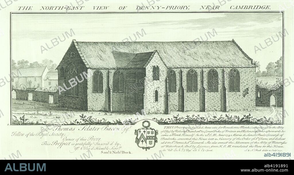 Denny Abbey, Cambridgeshire, 1730. 'The north east view of Denny Priory near Cambridge'. Denny Abbey was founded by Benedictine monks in the 12th century but was later owned of the Knights Templar, then the Knights Hospitaller before transferring into the possession of Franciscan nuns in the 14th Century.