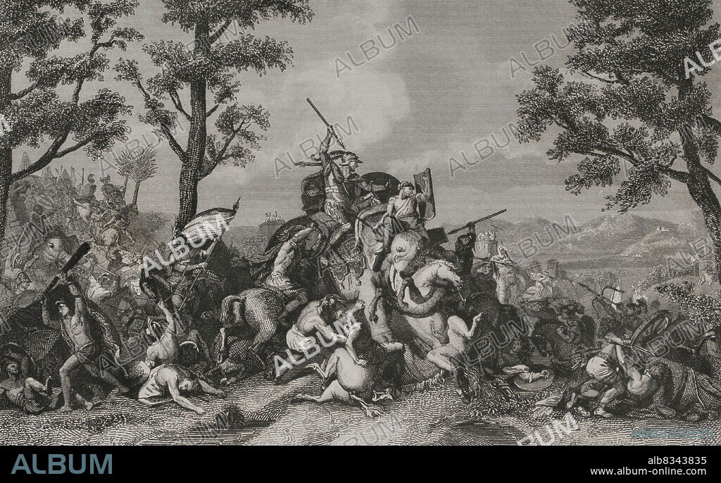 ANTONIO ROCA SALLENT (1813-1864). SPANISH ENGRAVER.. Batalla del Hidaspes (326 a.C.). Batalla que enfrentó a Alejandro Magno y Poros, gobernante del reino indio de Pauravas. El combate tuvo lugar junto al río Jhelum (llamado Hydaspes por los antiguos griegos), en el actual territorio de Pakistán, durante la campaña de Alejandro para conquistar Asia. Derrota de Poros. Grabado por A. Roca. Historia Universal, por César Cantú. Tomo I, 1854.