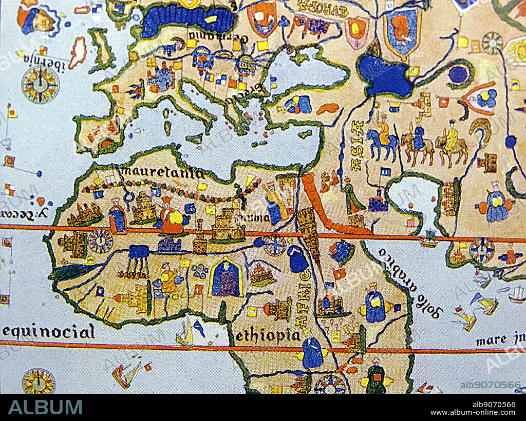 detail from: Map of the World, drawn 1500, the first to show America. By Juan de la Cosa, who is supposed to have been the pilot of Columbus.
