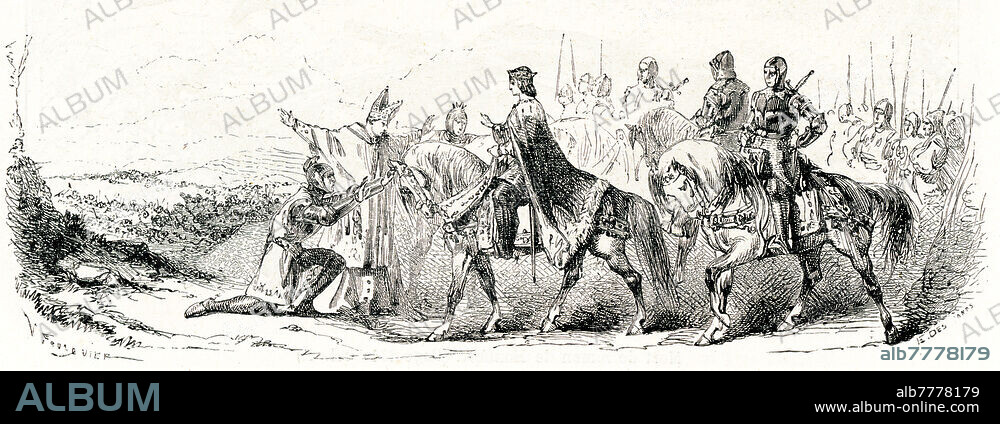 History of France / Crusade against the Albigensians (Cathars) / Middle Ages. The Archbishop of Auch and the Counts of Brittany and Saint-Pol beg Louis VIII to spare the prisoners after the capture of Marmande in 1219 by the crusaders. As for the bishops of Saintes and Béziers, they asked Louis VIII, who was still a prince of France, to have the prisoners burned. Finally, Louis VIII spared those who had surrendered to him, but 5000 men, women and children were slaughtered. Engraving, 19th century. Private collection.