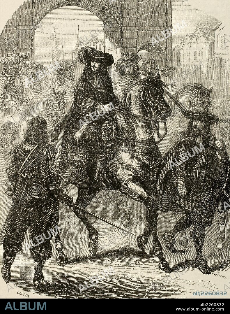 LUIS XIV, el REY SOL (1638-1715). Rey de Francia (1643-1715), primogénito de Luis XIII. "Entrada de Luís XIV y de su esposa en París". Grabado por Dupré. "Biblioteca Universal", 1851.
