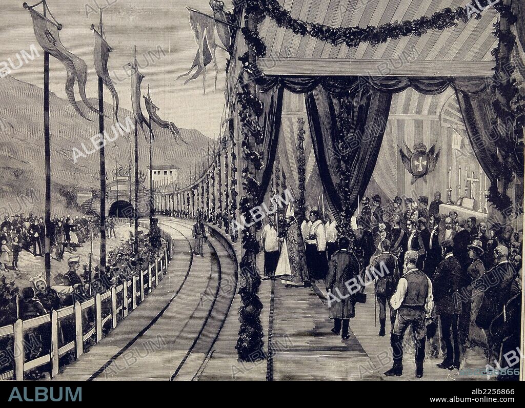 FERROCARRILES. ESPAÑA. INAGURACION DEL FERROCARRIL A ASTURIAS. BENDICION DE LA VIA EN BUSDONGO( LEON ) CON LA ASISTENCIA DEL REY ALFONSO XII , AÑO 1880. GRABADO. ILUSTRACION ESPAÑOLA Y AMERICANA.