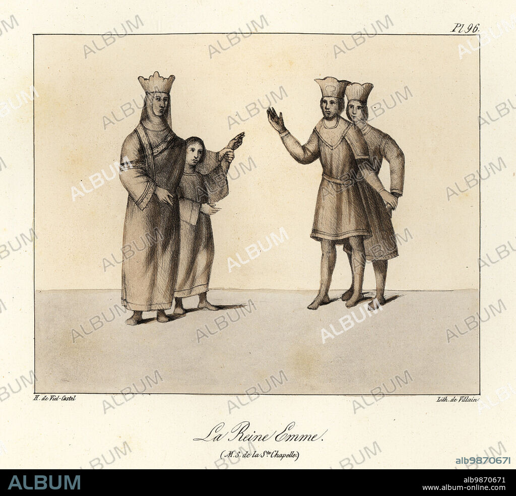 Emma of Normandy, c. 984-1052, queen of England, Denmark and Norway through her marriages to Aethelred the Unready and Cnut the Great. La Reine Emme, MS de la Sainte-Chapelle. Tinted lithograph by Villain after an illustration by Horace de Viel-Castel from his Collection des costumes, armes et meubles pour servir à l'histoire de la France (Collection of costumes, weapons and furniture to be used in the history of France), Treuttel & Wurtz, Bossange, 1827.