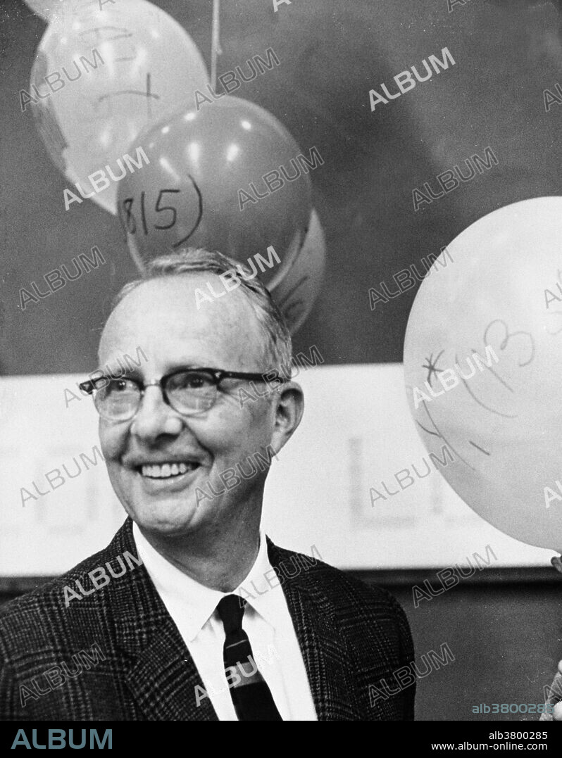 Alvarez celebrating winning the Nobel Prize, October 30, 1968. The balloons are inscribed with the names of subatomic particles that his group discovered. Luis Walter Alvarez (June 13, 1911 - September 1, 1988) was an American experimental physicist, inventor, and professor. In 1936, he went to work for Ernest Lawrence at the Radiation Laboratory at the University of California, where he devised a set of experiments to observe K-electron capture in radioactive nuclei, predicted by the beta decay theory but never observed. In 1940 he joined the MIT Radiation Laboratory, where he contributed to a number of WWII radar projects. He spent a few months at the University of Chicago working on nuclear reactors for Fermi before coming to Los Alamos to work for Oppenheimer on the Manhattan project. After the war Alvarez was involved in the design of a liquid hydrogen bubble chamber that allowed his team to take millions of photographs of particle interactions, develop complex computer systems to measure and analyze these interactions, and discover entire families of new particles and resonance states. This work resulted in his being awarded the Nobel Prize in 1968. With his son, geologist Walter Alvarez, he developed the Alvarez hypothesis which proposes that the extinction event that wiped out the dinosaurs was the result of an asteroid impact. He died of cancer in 1988 at the age of 77.