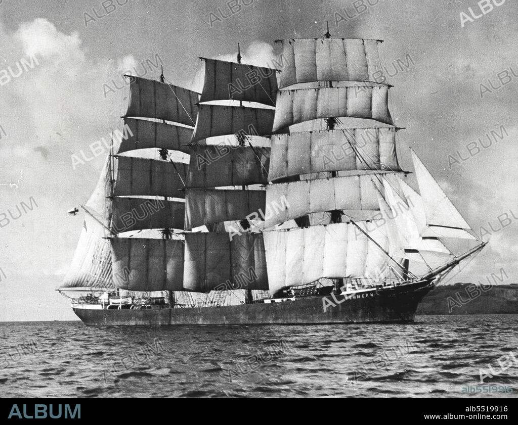 In Full Sail -- As striking view of the "Pommern" with every stitch of canvas in use, arriving in Falmouth Bay in the brilliant sunshine.The arriving masted sailing ship "Pommern" has just arrived at Falmouth, having taken 118 days for the voyage from Port German, Australia in the grain race for sailing ships. July 27, 1938. (Photo by Fox Photos).