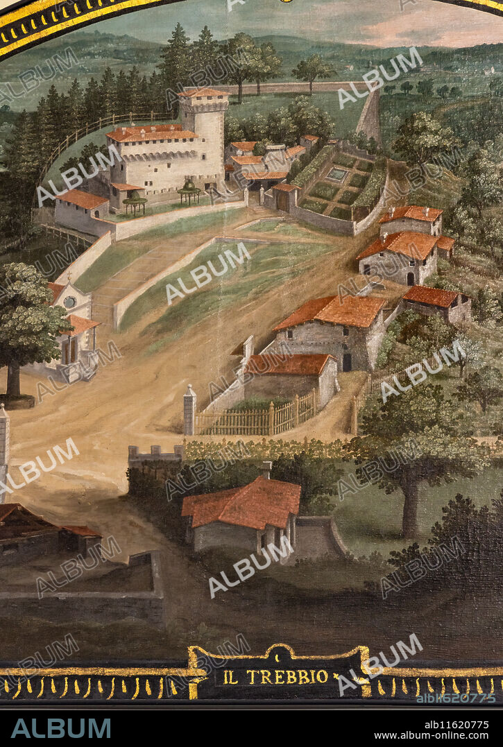 Medici Villa La Petraia: "the Medici villa del Trebbio", in the lunette called "Il Trebbio", one of the fourteen lunettes by Giusto Utens, Italianized name of Iustus van Utens, 1599-1602. This villa is located in San Piero a Sieve. The lunettes present idyllic aerial views of calligraphic precision, very decorative and precious evidence of the appearance of these buildings in the past. They were painted for the Medici villa of Artimino as an "inventory" (today we would say "cadastre") of the possessions of the Grand Duke Ferdinando I de' Medici, and after various moves, they are preserved today in the Villa La Petraia. Originally there were 17, but only 14 have reached us. Detail.