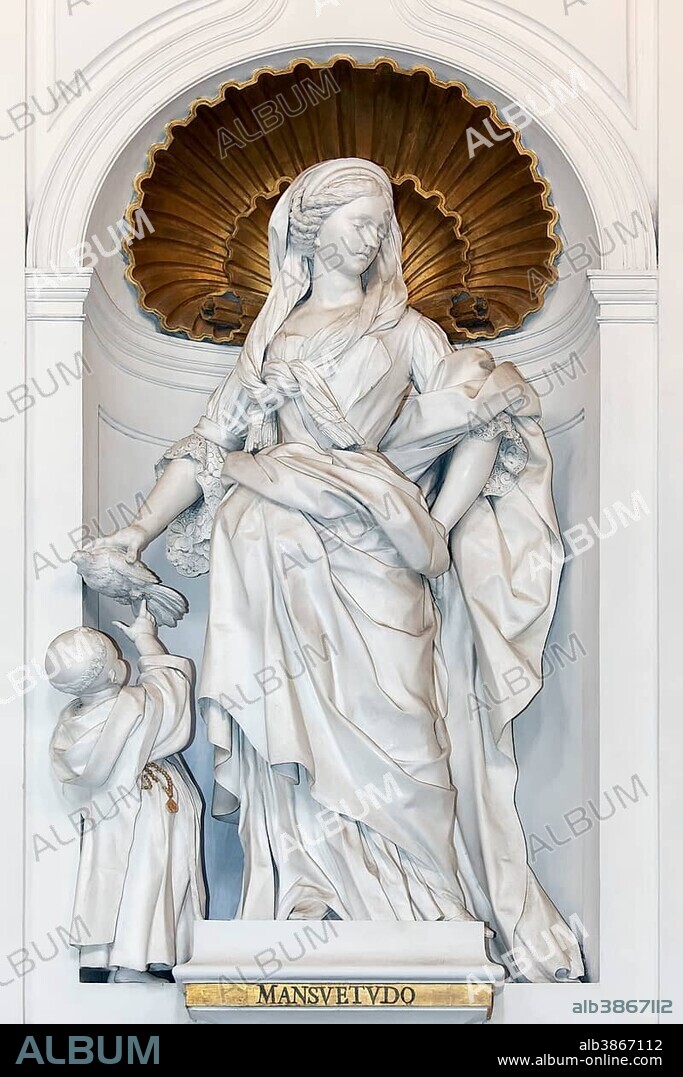 Baroque female statue "Virtue of Meekness" by Giacomo Serpotta, Oratorio del Rosario di San Domenico, Palermo, Sicily, Italy, Europe.