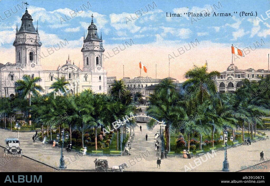 Plaza de Armas, Lima, Peru, early 20th century. The Plaza de Armas is the main square at the heart of the Peruvian capital. The towers of the cathedral can be seen in the background. The present building is an 18th century reconstruction of the Baroque cathedral completed in 1625, which was severely damaged by earthquakes in 1687 and 1746. The remains of Lima's founder, the conquistador Francisco Pizarro, are buried in the cathedral.