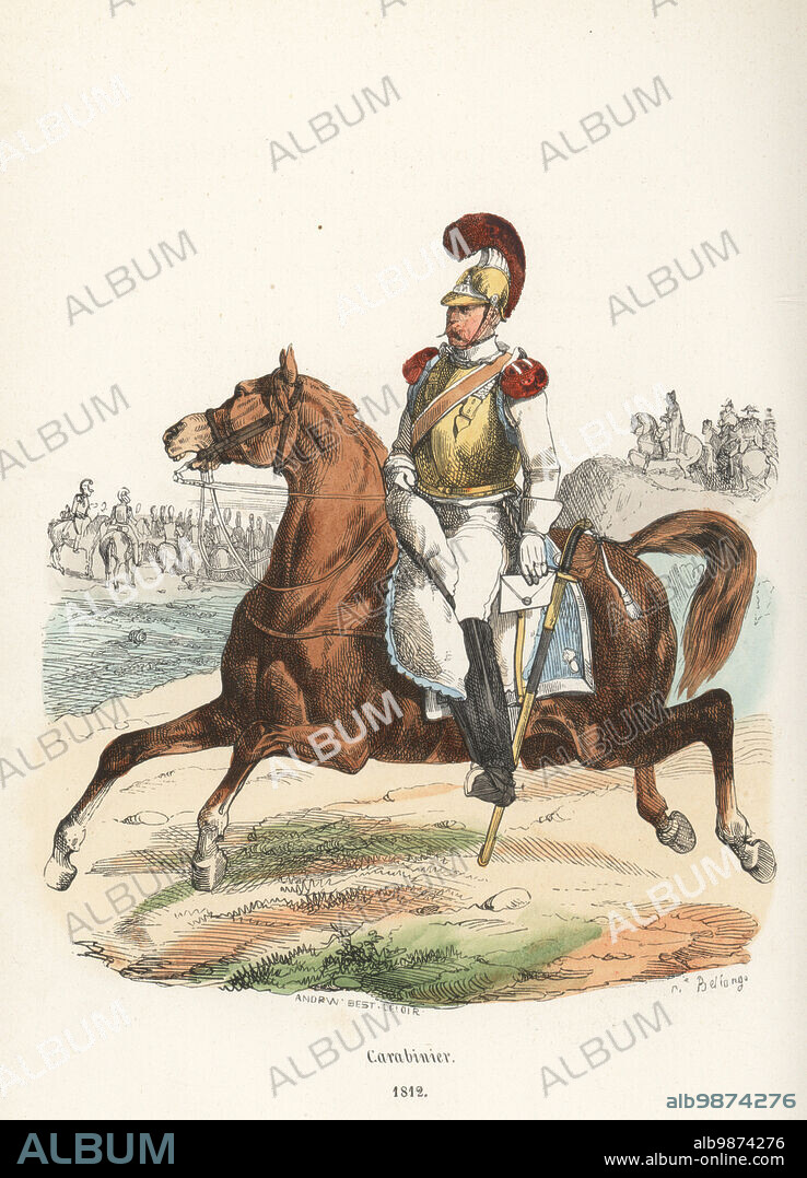 French Horse Carabinier carrying a letter, 1812. In brass helmet with crest or chenille, brass cuirass, white coat and breeches, red epaulettes, boots. Armed with straight sword. Mouton shabrack. 2nd Carabiniers regiment. Handcoloured woodcut by Andrew Best Leloir after an illustration by Hippolyte Bellangé from P.M. Laurent de lArdeches Histoire de Napoleon, Paris, 1840.