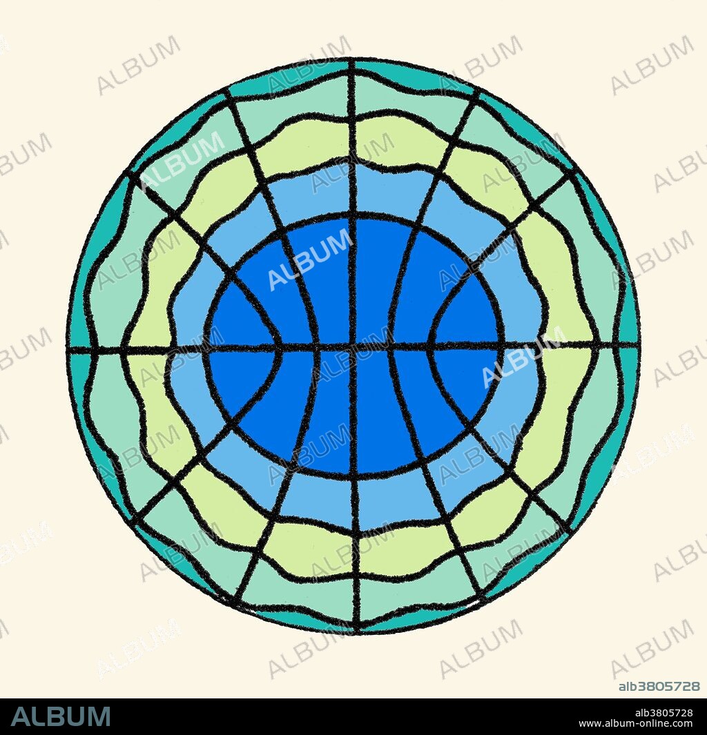 Acoustic sound waves, Ernst Chladni, 1787. Chladni invented a technique to show the various modes of vibration of a rigid surface. When resonating, a plate or membrane is divided into regions that vibrate in opposite directions, bounded by lines where no vibration occurs (nodal lines). The patterns formed by these lines are what are now called Chladni figures. Color-enhanced image.